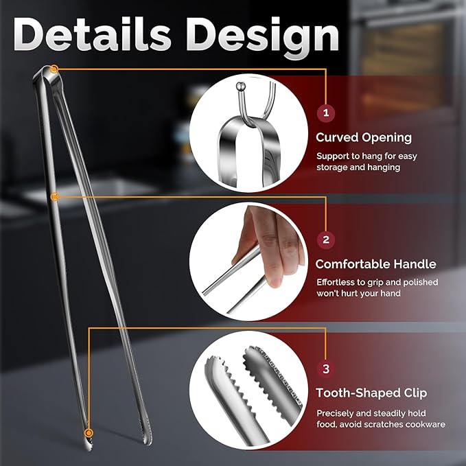 Precision Serrated Non-Slip Tips Cooking Tongs 2 Set (9.5" & 11.5"), One-Piece 18/8 Stainless Steel Metal Tongs, Easily Control Kitchen Tweezer, Multi-Purpose Korean Tong