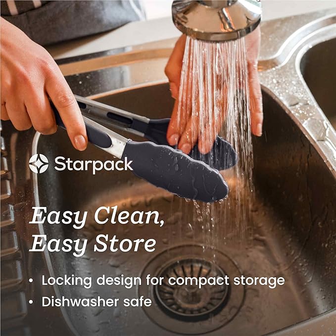 Starpack Get a Grip Silicone Kitchen Tongs (12 Inch) - LFGB Non Toxic, 600°F Heat Resistant, BPA-Free - Heavy-Duty Stainless Steel, Locking - Dishwasher Safe for Nonstick Cookware Gray Black