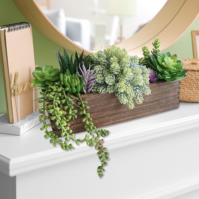 Winlyn 15" Assorted Artificial Succulent Arrangement Assorted Succulents in Rectangular Wooden Planter Faux Potted Plant for Farmhouse Table Centerpiece Windowsill Shelf Desk Mantel Greenery Décor