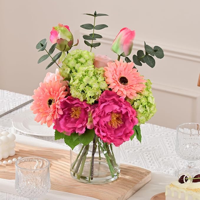 Livole Artificial Fake Flowers with Vase Silk Faux Flowers Arrangements in Glass Vase with Faux Water Centerpiece Table Decorations for Dining Room Home Office Shelf Wedding Decor（Fuchsia Pink）