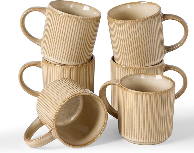 famiware Coffee Mug Set for 6, Star 12 oz Catering Mugs Cup Set with Handle for Coffee, Tea, Cocoa, Milk - Ceramic Stoneware Drinkware Set, Cream