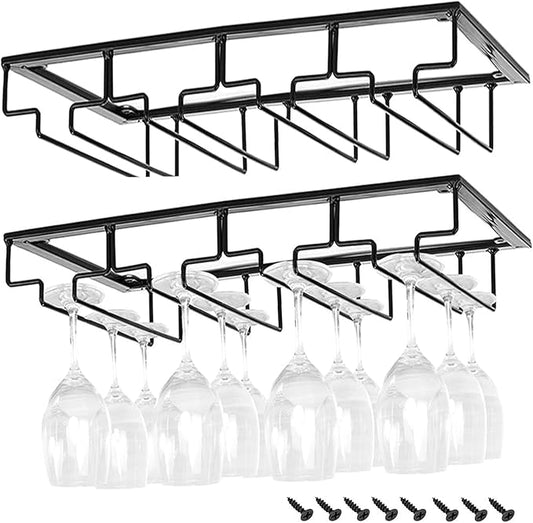 Wine Cup Holder Table Decoration Storage Hanger Metal Organizer for Bar Kitchen Stemware Rack Under Cabinet Stainless Steel Hanger Storage Shelf Black (Black, 4 Rows 2 Packs)