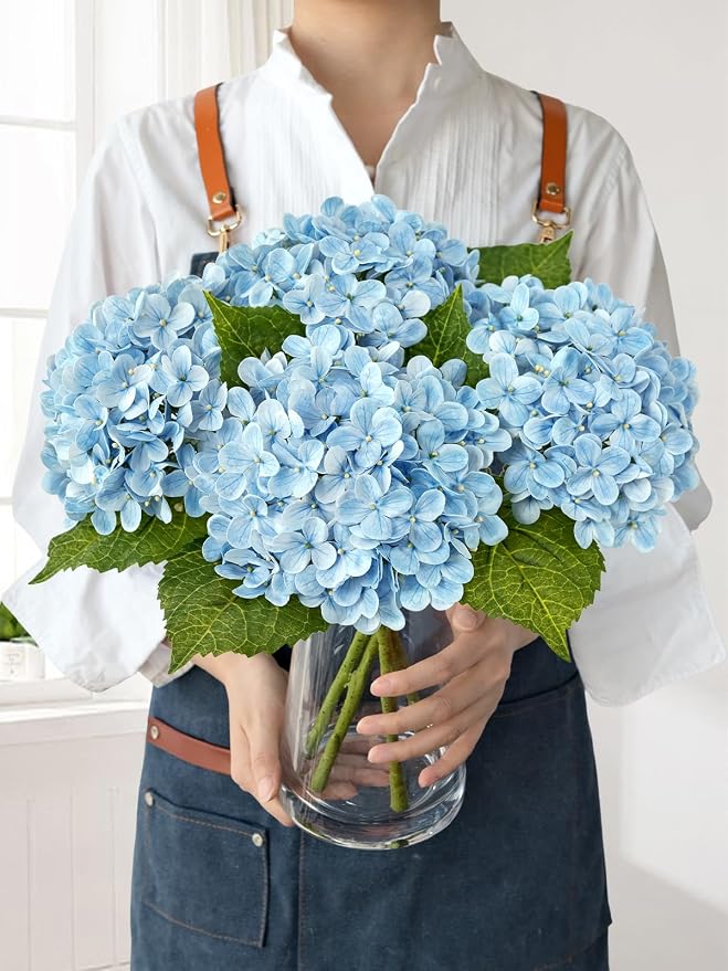 JINWOE 4Pcs Hydrangea Artificial Flowers, 20" Lifelike Latex Silk Real Touch Faux Hydrangea Flowers, Artificial Hydrangeas Bouquet for Wedding Centerpieces Tables Party Home (Sky Blue)