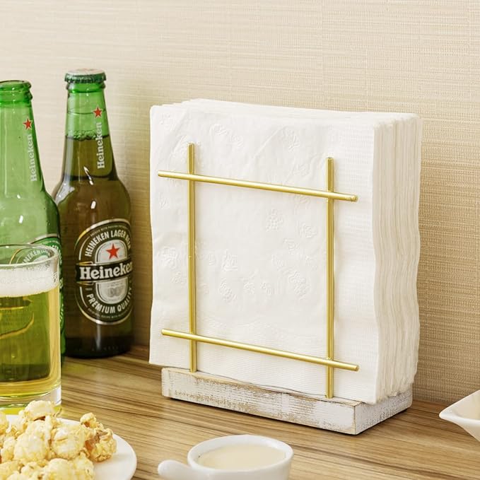 MyGift Shabby Whitewashed Wood Base Napkin Holders, Brass-Tone Metal Dispenser for Dining Table & Cocktail Serviette, Kitchen/Dining Accessories for Home/Café