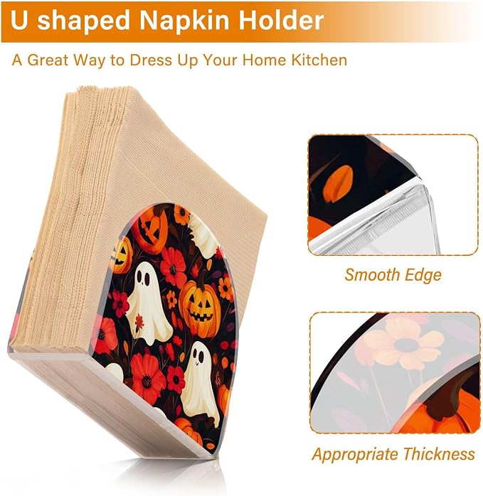 Napkin Holder Acrylic Napkin Holder for Table Kitchen Party Restaurant U Shaped Upright Napkin Dispenser Organizer Halloween Ghost Pumpkin and Poppy