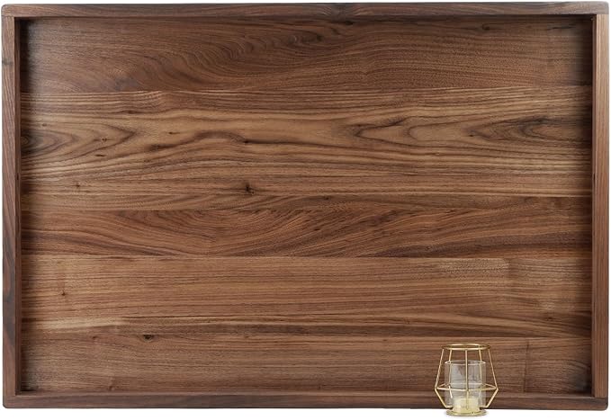 36 x 24 Inches Extra Large Rectangle Black Walnut Wood Ottoman Tray with Handles, Serve Tea, Coffee Classic Wooden Decorative Serving Tray