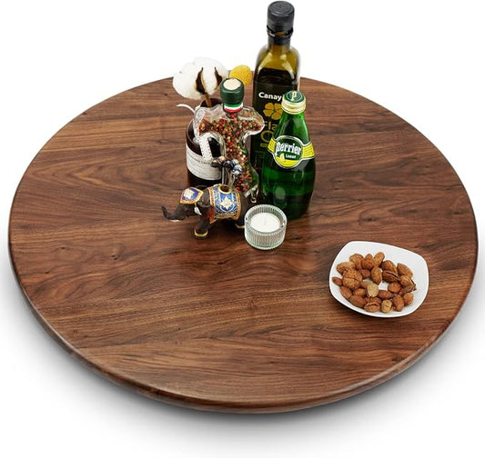24 Inches Black Walnut Wood Lazy Susan Organizer, Solid Wooden Round Turntable, Rotating Tray for Table Top/Counter Top