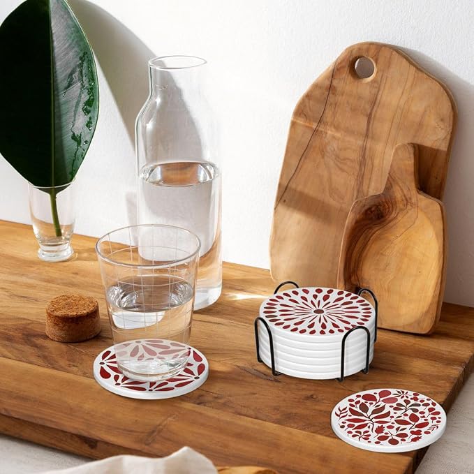 Drink Absorbent Coasters with Holder Set of 6, Ceramic Stone with Cork Base, Modern Red Abstract Geometric Coaster for Drinks, Gift for Housewarming Room Bar Home Decor Kitchen