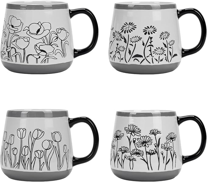 Schliersee 16 OZ Floral Coffee Mugs Set of 4, 16 Ounce Mug, Large Porcelain Mug for Man Woman, Floral Cup for Latte, Tea, Cappuccino, Mocha, Cocoa, Housewarming Wedding Present