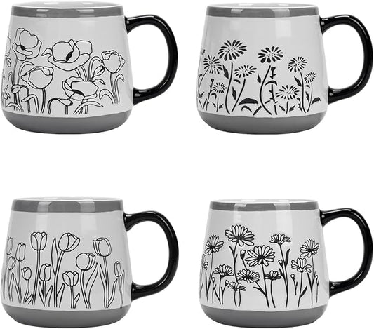 Schliersee 16 OZ Floral Coffee Mugs Set of 4, 16 Ounce Mug, Large Porcelain Mug for Man Woman, Floral Cup for Latte, Tea, Cappuccino, Mocha, Cocoa, Housewarming Wedding Present