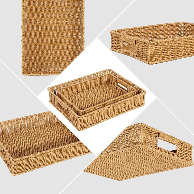2pcs Woven Baskets Serving Trays with Handles, Poly Wicker Bread Basket Rectangular Platters for Fruit, Vegetables, Breakfast, Drinks, Snacks, Dining Coffee Table, 2 Size