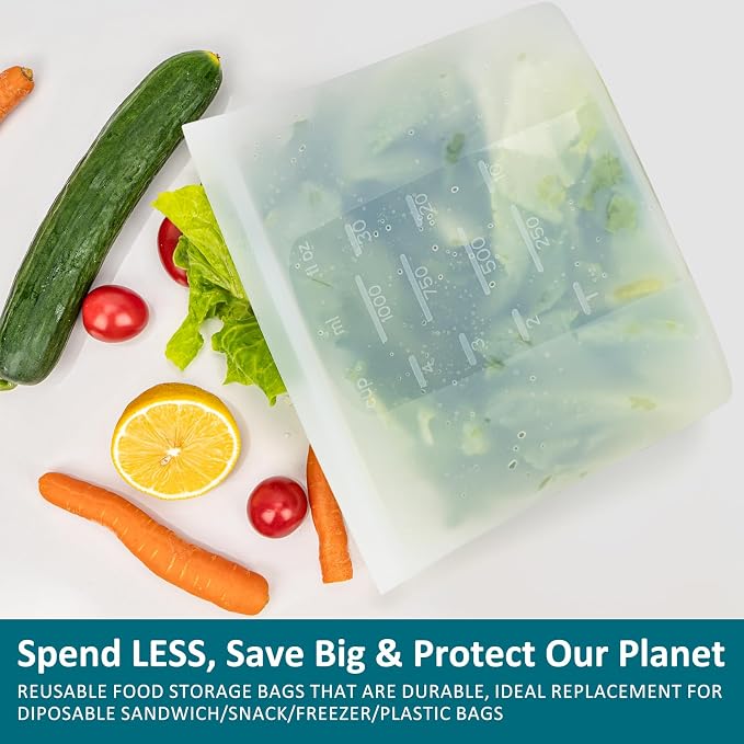 Small Reusable Silicone Food Storage Bags 4 Pack, 33fl oz/1000ml, 100% Silicone Stand-Up Wide-Open Zip-Lock Reusable Bags for Small Items, Microwave Freezer Oven Dishwasher Safe, Translucent