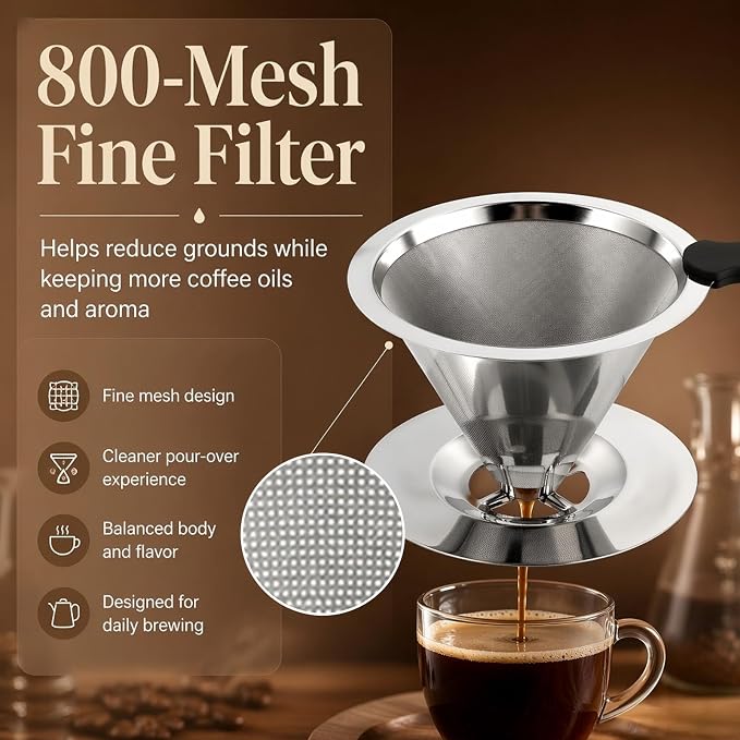 Stainless Steel Coffee Filter,Pour Over Coffee Dripper Paperless， Reusable Coffee Filter, Metal 800 Mesh