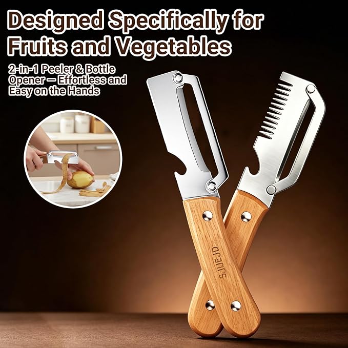 Multifunctional Vegetable Peeler for Kitchen Tool Wooden Smooth Handle and Bottle Opener, Made of Stainless Steel 2 in 1 Potato Garlic Cucumber Orange Pumpkin Fruit (Shredded Style(2pcs))