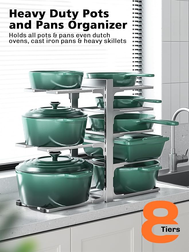 MUDEELA 8-Tier Pots and Pans Organizer under Cabinet, 15.83" Height Heavy Duty Pot Pan Organizer Kitchen Cabinet Organization and Storage, Adjustable Pot Rack for Frying Pan, Cast Iron Skillet, Sliver
