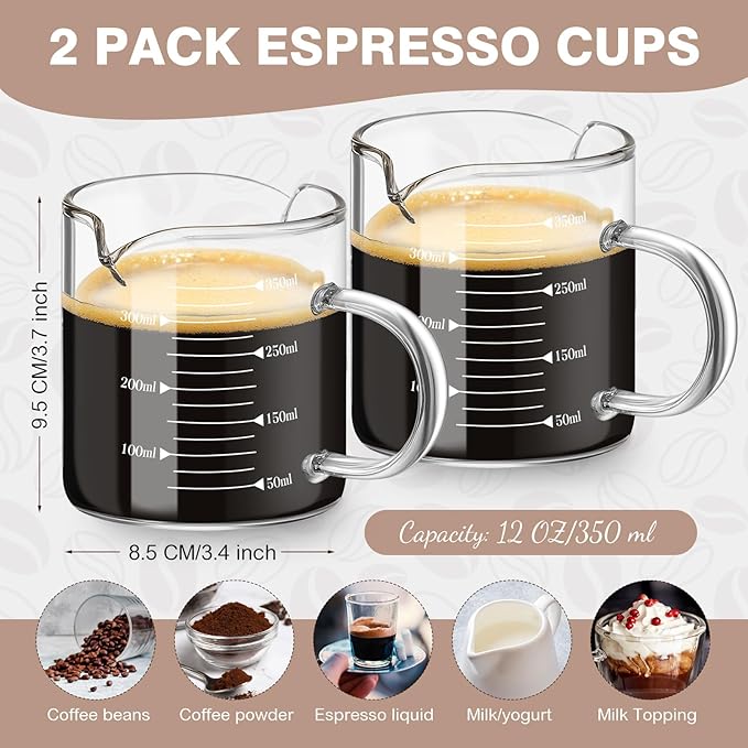 Patelai 2 Pcs 12oz/350ml Espresso Cups, Glass Measuring Cups with Double Spouts & Handle, Scale Espresso Shot Glass Milk Frothed Cup Coffee Accessories for Machines, Milk Frothed, and Bars