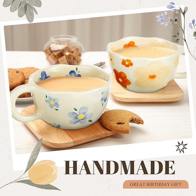 Vesici 2 Pcs Ceramic Coffee Mugs with Spoon, Vintage Floral Spring Mugs with Handle, 8.5 oz Aesthetic Flower Porcelain Tea Cup Set, Dishwasher & Microwave Safe Mothers Day Gifts for Mom(Vivid)