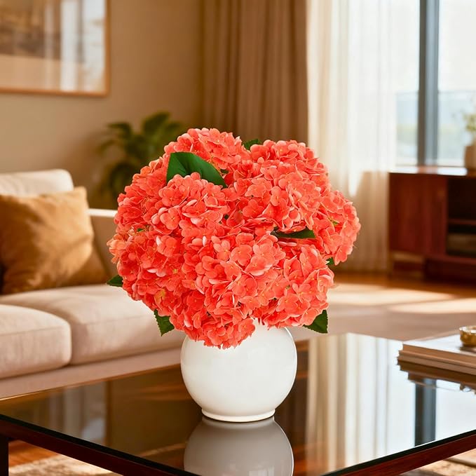 A Bunch 21in, Orange Real Touch Hydrangea Artificial Flowers, with 10pcs Flower Head 20pcs Leaves, Faux Hydrangea Flowers for Home Office Decor Wedding Party Arrangements (2, Orange-red)