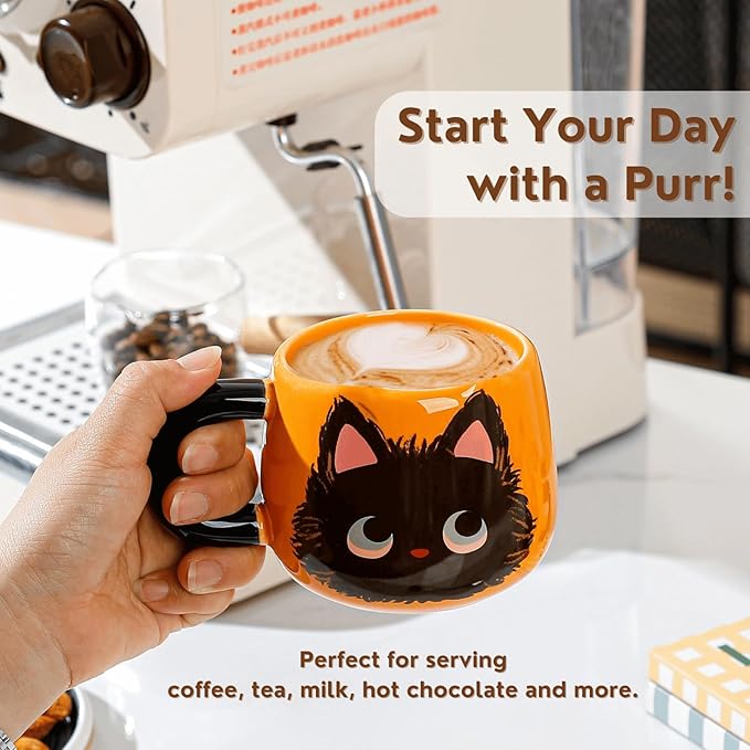 Cute Black Cat Couple Coffee Mugs Gift Set - Ceramic Matching Mugs with Spoons, Set of 2 (12.8 oz & 13.5 oz), Perfect Valentine's Day, Christmas, Anniversary Present for Cat Lovers & Couples