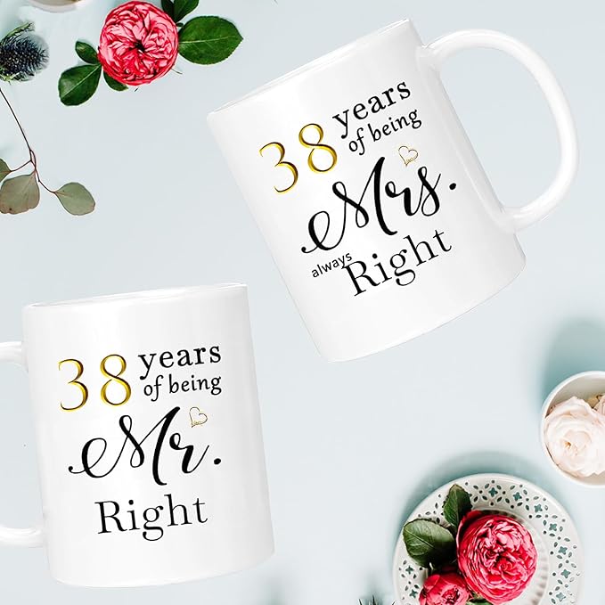 38th Anniversary Coffee Mugs Set of 2, 38 Year Anniversary Wedding Gifts Decorations for Couple Parents Grandparents Men Women Husband Wife Him Her, Gift Box Packaging, 11oz