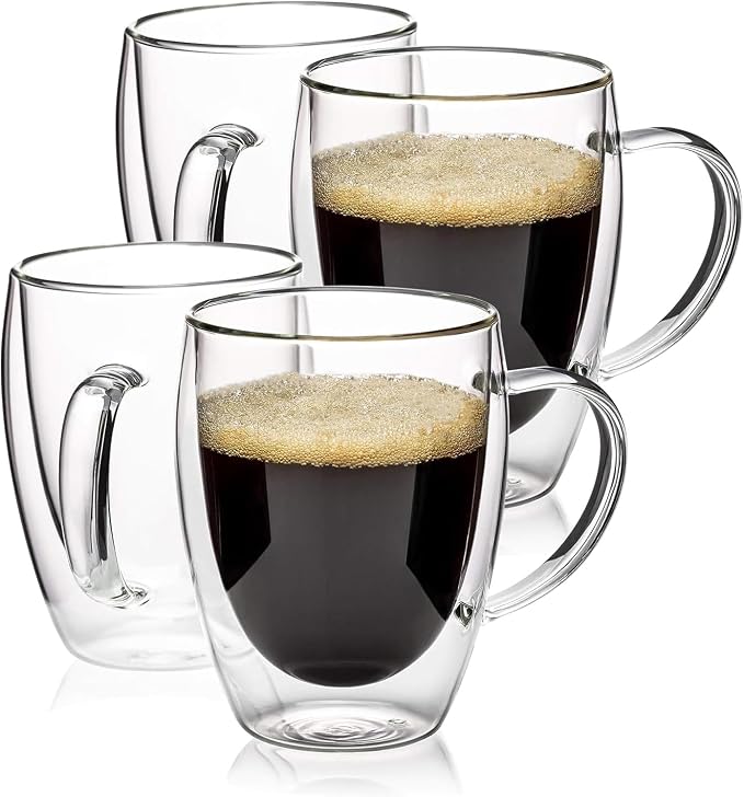 Espresso Cups Set Of 2, Double Walled Glass Coffee Mugs with Handle,Insulated Layer Coffee Cups,Clear Borosilicate Glass Mugs,Perfect for Cappuccino,Tea,Latte,Espresso (12oz-4Pack)