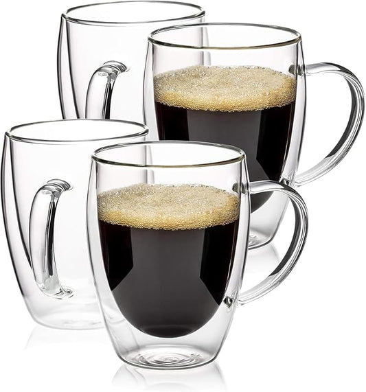 Espresso Cups Set Of 2, Double Walled Glass Coffee Mugs with Handle,Insulated Layer Coffee Cups,Clear Borosilicate Glass Mugs,Perfect for Cappuccino,Tea,Latte,Espresso (12oz-4Pack)