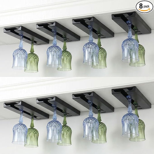 8 Pack Wine Glass Holder Under Cabinet Rack - Black Plastic Stemware Hangers for Kitchen, Bar, Restaurant Storage - Space Saving No Drill Installation
