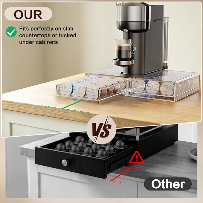 Compact Acrylic Coffee Pods Drawer Organizer Compatible with Nespresso Vertuo Pods, Easy to See Available Pods Options, Smooth Pull-Out, Holds 30 Capsules for Small Countertop