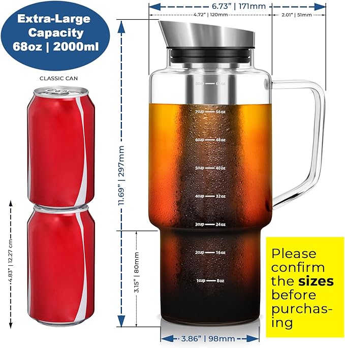 Aquach 68oz Cold Brew Coffee Maker, Borosilicate Glass Pitcher for Iced Tea | Dishwasher Safe, Up to 2 Weeks Fresh Aroma, Family Size, Refrigerator Fit, 304 Stainless Filter
