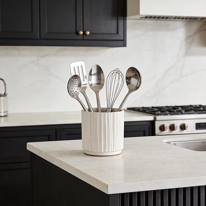 Utensil Holder for Kitchen Counter Ceramic Utensil Crock Organizer for Countertop, Heavy Large Holder for Spatulas, Spoons, Kitchen Counter Decor Rustic 5.5 Inch, Vintage Farmhouse White