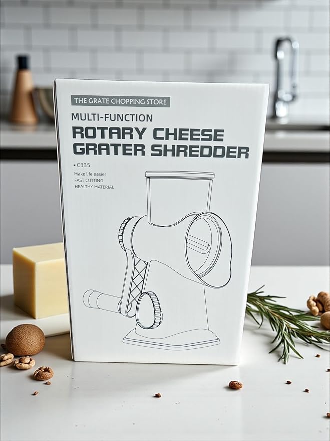 Rotary Cheese Grater | Hand Crank Grates Cheese, Vegetables, Nuts and Chocolate | 3 Stainless Steel Blades | Strong Suction Base | Easy to Clean | One Piece Body | Charcoal Gray and Teal