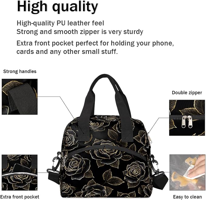 Pardick Black Golden Roses Insulated Lunch Bag for Women Leakproof Lunch Box Large Cooler Thermal Tote Bag with Shoulder Strap Meal Prep Bags for Work School Office Picnic Teen Girls Adult