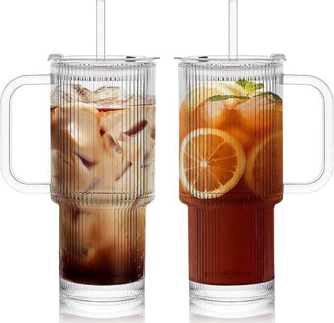 2 Pack Iced Coffee Cup with Lids, 18oz Clear Glass Tumbler with Straw & Lid, Ribbed Glassware Cups, Dishwasher Safe Drinking Glasses, Stylish Glass Cups for Coffee, Juice, Tea, Matcha