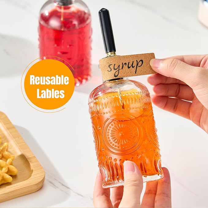 gegewawa 4pcs Glass Coffee Syrup Dispenser Bottles 7 OZ, Simple Syrup Bottles with Metal Pour Spout, Syrup Dispenser for Coffee Bar Accessories for Maple Honey Syrup Oil and Sauces