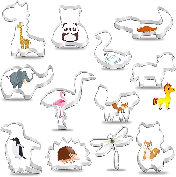 Animal Cookie Cutter Set for Kids, Cookie Cutter Set of 12 Piece, Stainless Steel Biscuit Cutters Molds with Fox, Giraffe, Squirrel, Penguin, Hedgehog, Crocodile, Horse, Elephant Shapes