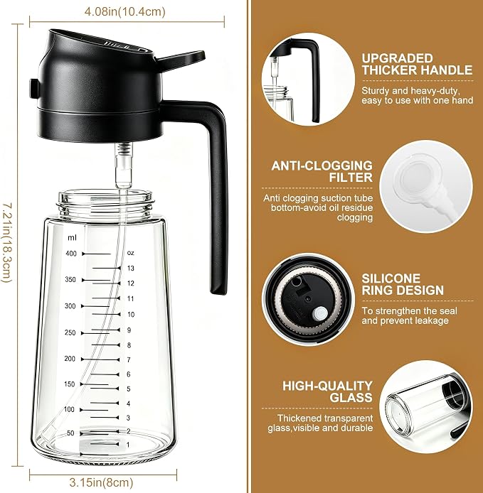 Poshetion 2 in 1 Olive Oil Sprayer for Cooking, 16oz Oil Dispenser for Kitchen, Leak-Proof Oil Spray Bottle for Air Fryer, Salad, BBQ, Baking, Grilling - Black & Black