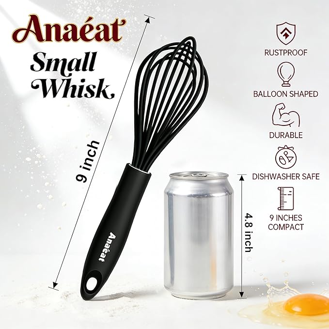 Anaeat 9" Silicone Balloon Whisk, Perfect for Non-Stick Cookware, Milk and Egg Beater Blender, Heat Resistant Kitchen Whisks for Whisking, Cooking, Baking, Beating, Frothing & Stirring (Black)