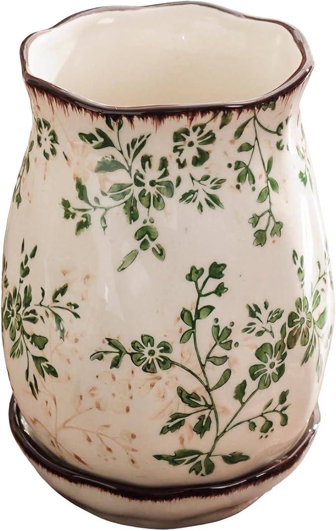 Farmhouse Utensil Holder, Floral Ceramic Chopstick Organizer, White & Green Flower Pattern, Vintage Kitchen Countertop Decor, 5.9 In