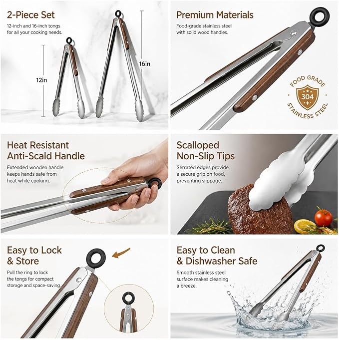 12 & 16 Inch Food Tongs Set, Food Grade Stainless Steel Kitchen Tongs with Long Walnut Wooden Anti-Scald Handle, Heat Resistant Cooking Tongs for BBQ Grilling Baking Frying, Safe for Adults & Kids