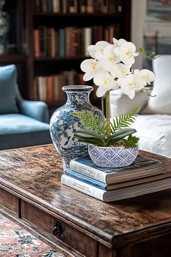 Oairse White Orchids Artificial Flowers in Pot 16.1" Faux Orchids Plant in Blue and White Pot Real Touch Fake Phalaenopsis Flower Arrangement Dinner Table Centerpiece for Dining Room Bathroom Decor