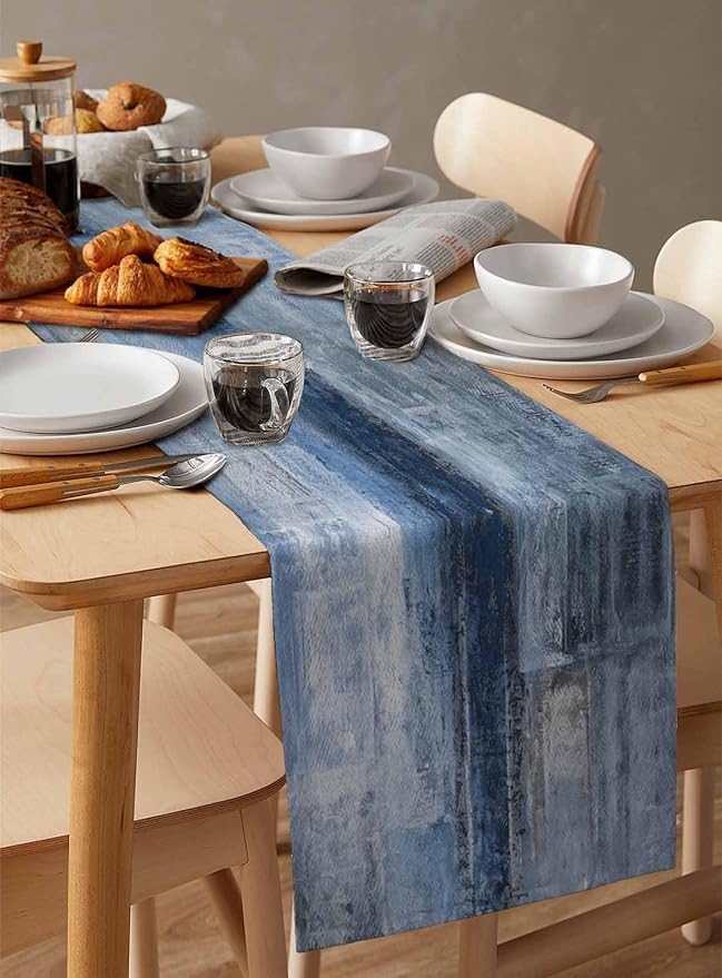 Burlap Linen Table Runner - 90 Inch Long, Retro Rustic Art Abstract Modern Decor Kitchen Dining Table Runner Dresser Scarves, Blue Ombre Painting Farmhouse Decor for Coffee Table Wedding Party Banquet