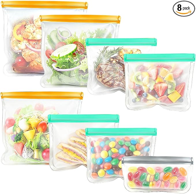 Reusable Freezer Bags Food Storage Bags for Meal Prep Containers, BPA Free Food Storage Bags, Leakproof Reusable Food Bags Dishwasher Safe for Salad Fruit, Vegetables, 3 Gallon 4 Sandwich 1 Snack