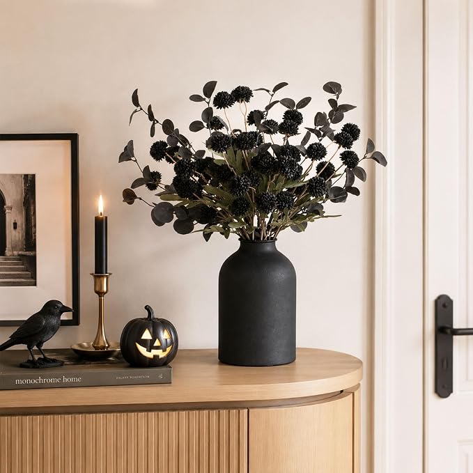 BLOSMON Black Flowers Artificial for Table: Metal Vase with 12 Stems of Fake Mums Eucalyptuses Centerpieces for Dining Room - Faux Silk Pom Poms Floral Arrangements Black Kitchen Home Decor Indoor