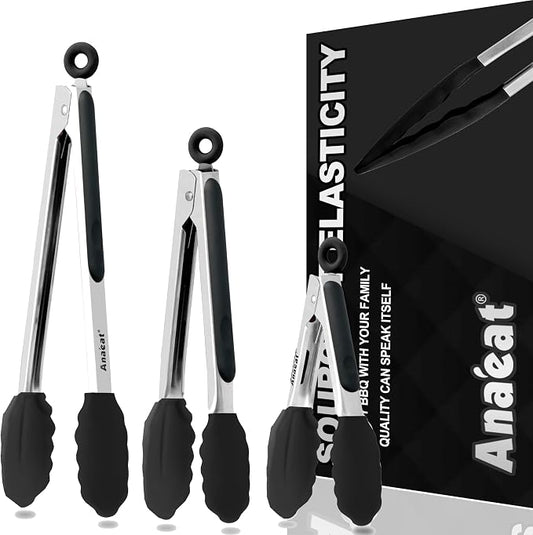 Anaeat Non-Stick Silicone Locking Tong Set of 3 - Stainless Steel 7", 9", 12" Kitchen Food Tongs with Non-Slip Silicone Tips and Grip for Cooking, Baking and BBQ - Heat Resistant up to 480°F (Black)