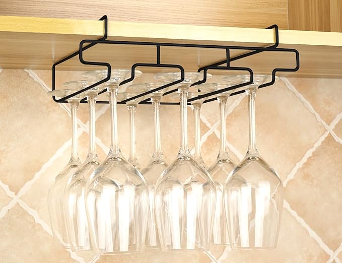 Wine Glass Holder - Stemware Rack Under Cabinet - 304 Stainless Steel Hanger Storage Shelf, Fit for The Cabinet 0.8“ or Less (black, 3 Rows)