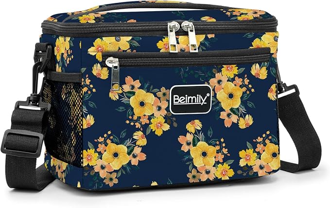 BEIMILY Lunch Box for Men/Women, Small Insulated Lunch Bag, Leak-Proof Soft Cooler Tote Bag, Reusable LunchBox for Work, Travel,Picnic with Adjustable Shoulder Strap for Adults(floral yellow)