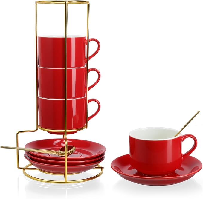 8 Ounce Cappuccino Cups Set of 4, Stackable Cappuccino Mugs, Includes Display Stand, Cups Saucers, and Spoons, for Machines & Home Use, Red, Gold Tone