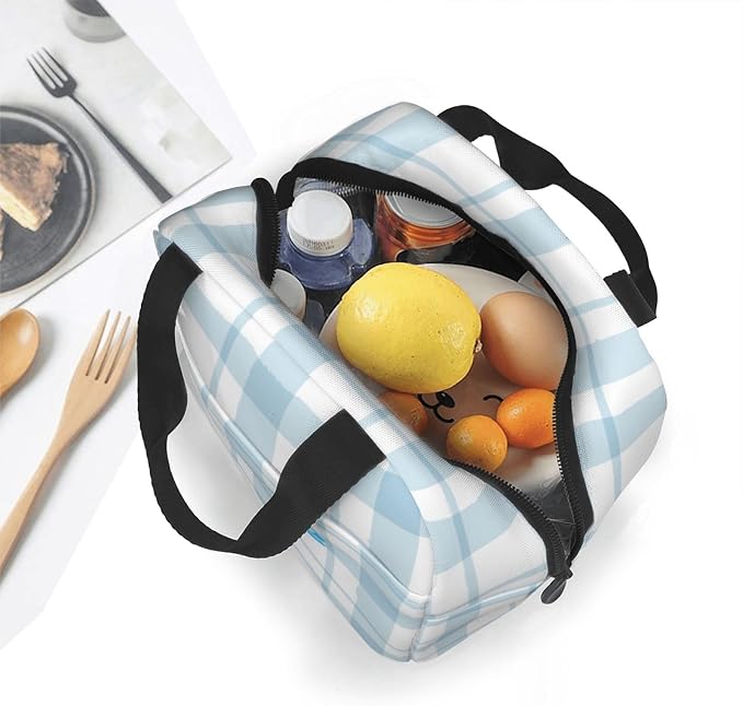 Custom Lunch Bag Plaid Blue Check Personalized Insulated Lunch Box with Name Reusable Cooler Tote for Adults Student Girl Boy Work Office School Picnic Over 3 Years Old