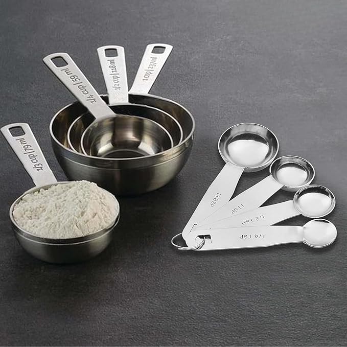 Stainless Steel Measuring Cups and Spoons Set, 8 Piece Professional Baking and Cooking Set with Engraved Measures, 4 Stackable Cups and 4 Stackable Spoons (Set of 8)