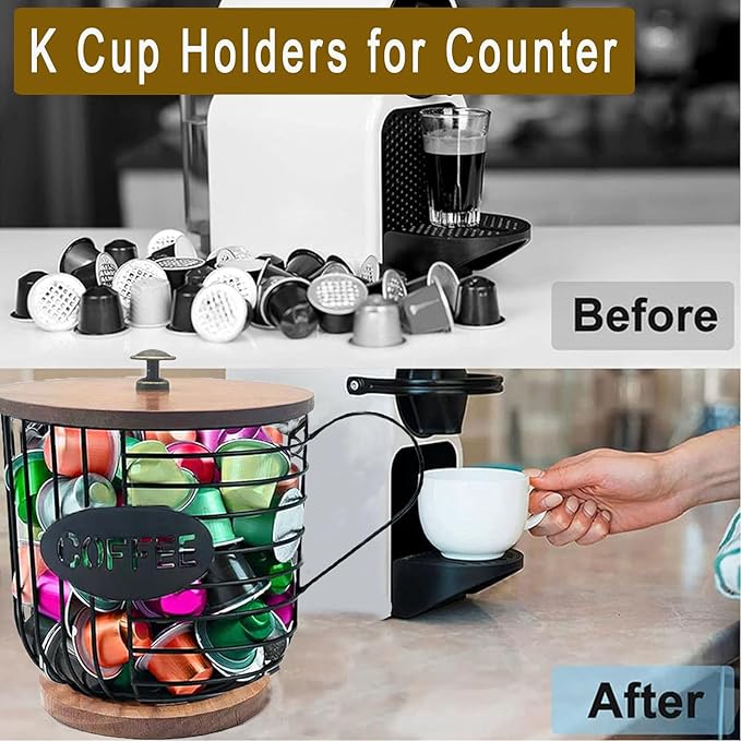 Coffee Pod Baskets, Coffee Pod Holder, Coffee Pod Organizer, Large Capacity Black Wire Coffee Pod Storage with Wooden Base, Decor for Kitchen Countertop for Pods & Espresso Capsules